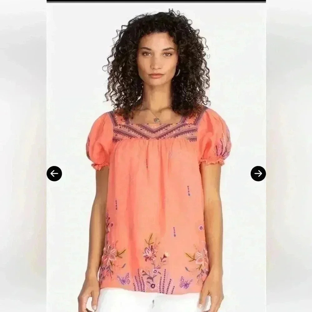 Johnny Was Aimee Puff Sleeve Peasant Top In Pink Floral embroidered Size Small.